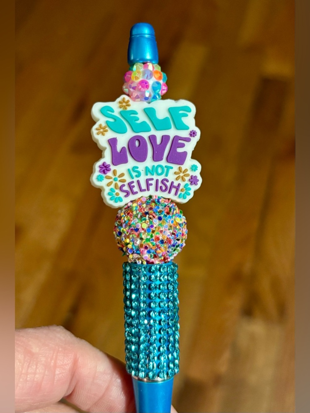NIP Teal Rhinestone 'Self Love' Beaded Pen